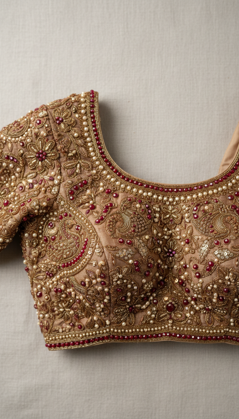 Raw silk beige Maggam blouse with zari beadwork