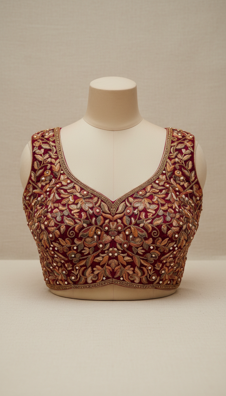 Berry velvet hand-embroidered Maggam blouse