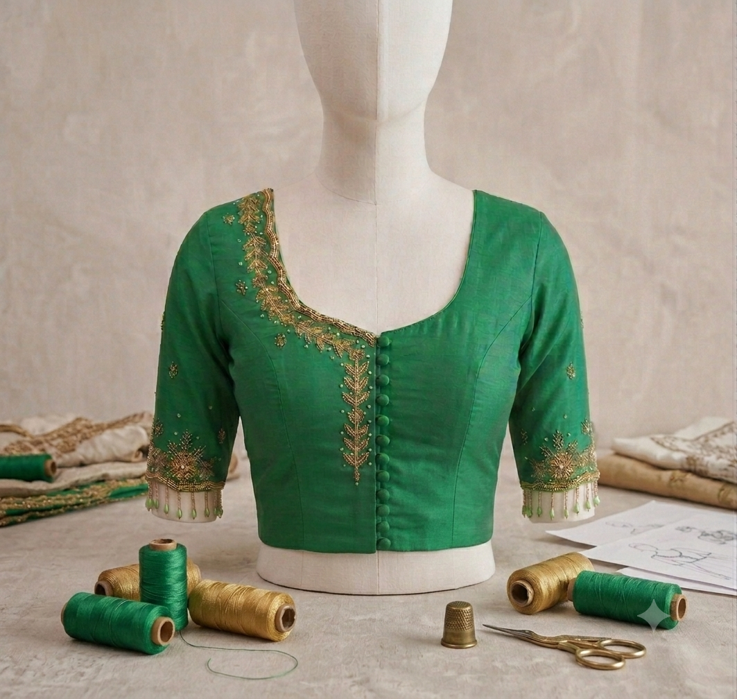 Premium Handcrafted Maggam Work Blouse – Long Tassels & Short Border